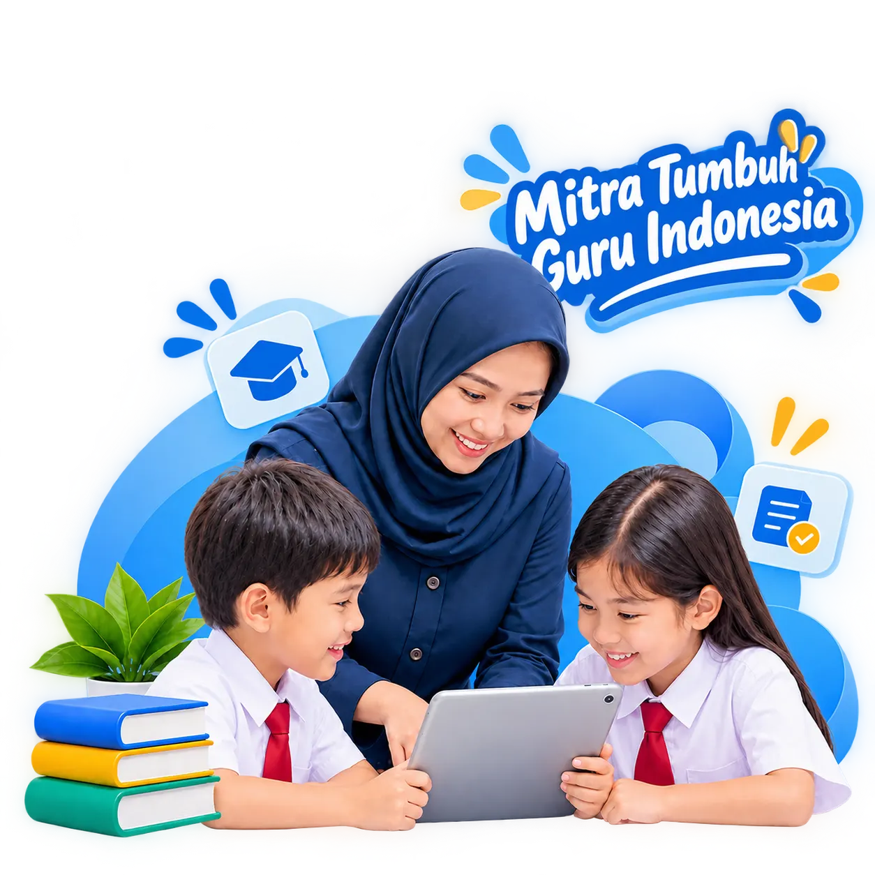 Guru perempuan berhijab duduk bersama dua siswa sekolah dasar melihat tablet