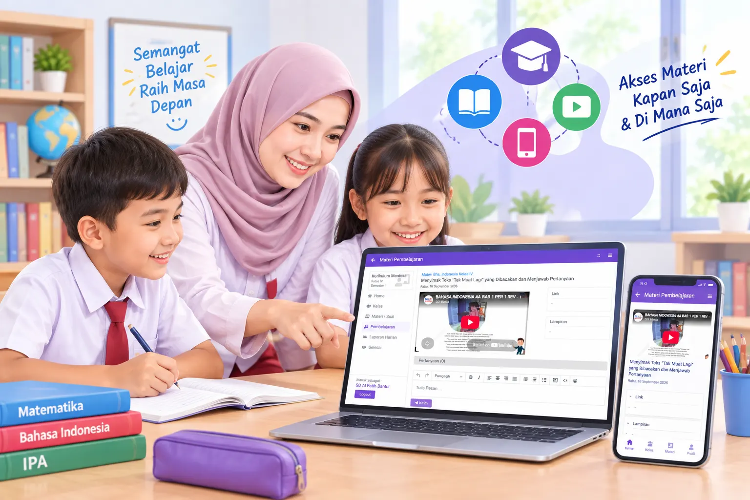 Dashboard LMS menampilkan materi pembelajaran dan kelas digital