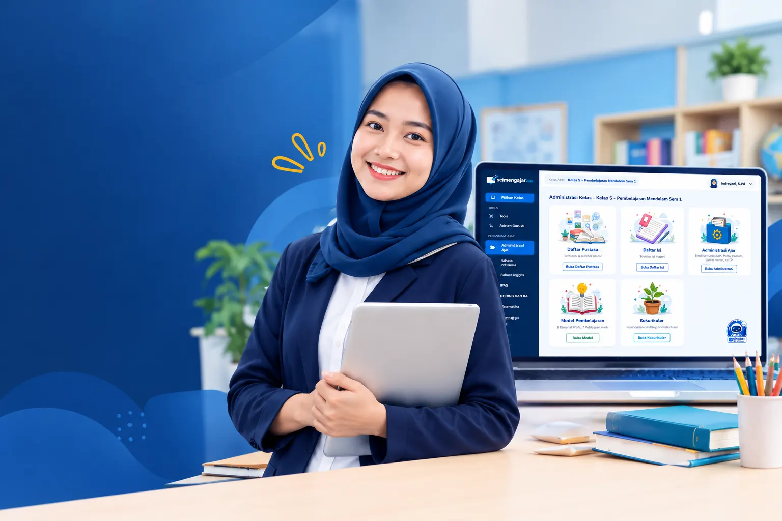 Guru perempuan Indonesia berhijab memegang laptop, dengan dashboard sekolah SCI Media di sampingnya