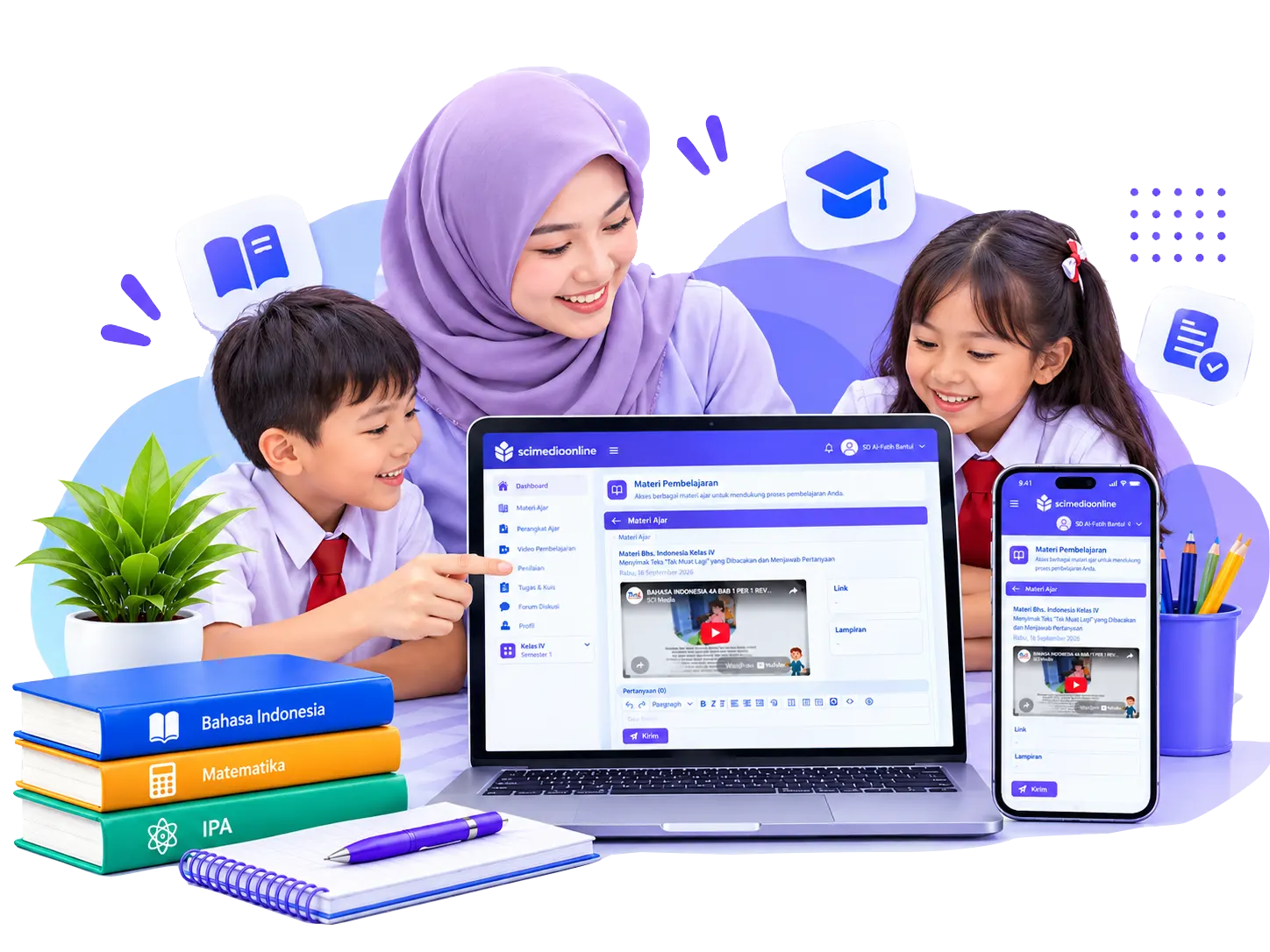 Tampilan LMS SCI Media dengan dashboard kelas digital di laptop dan smartphone