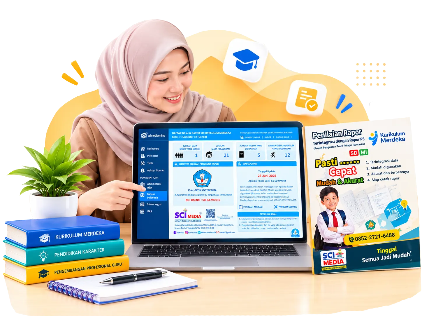 Guru memegang laptop dengan aplikasi Rapor SCI Media, buku Kurikulum Merdeka, dan brosur penilaian rapor