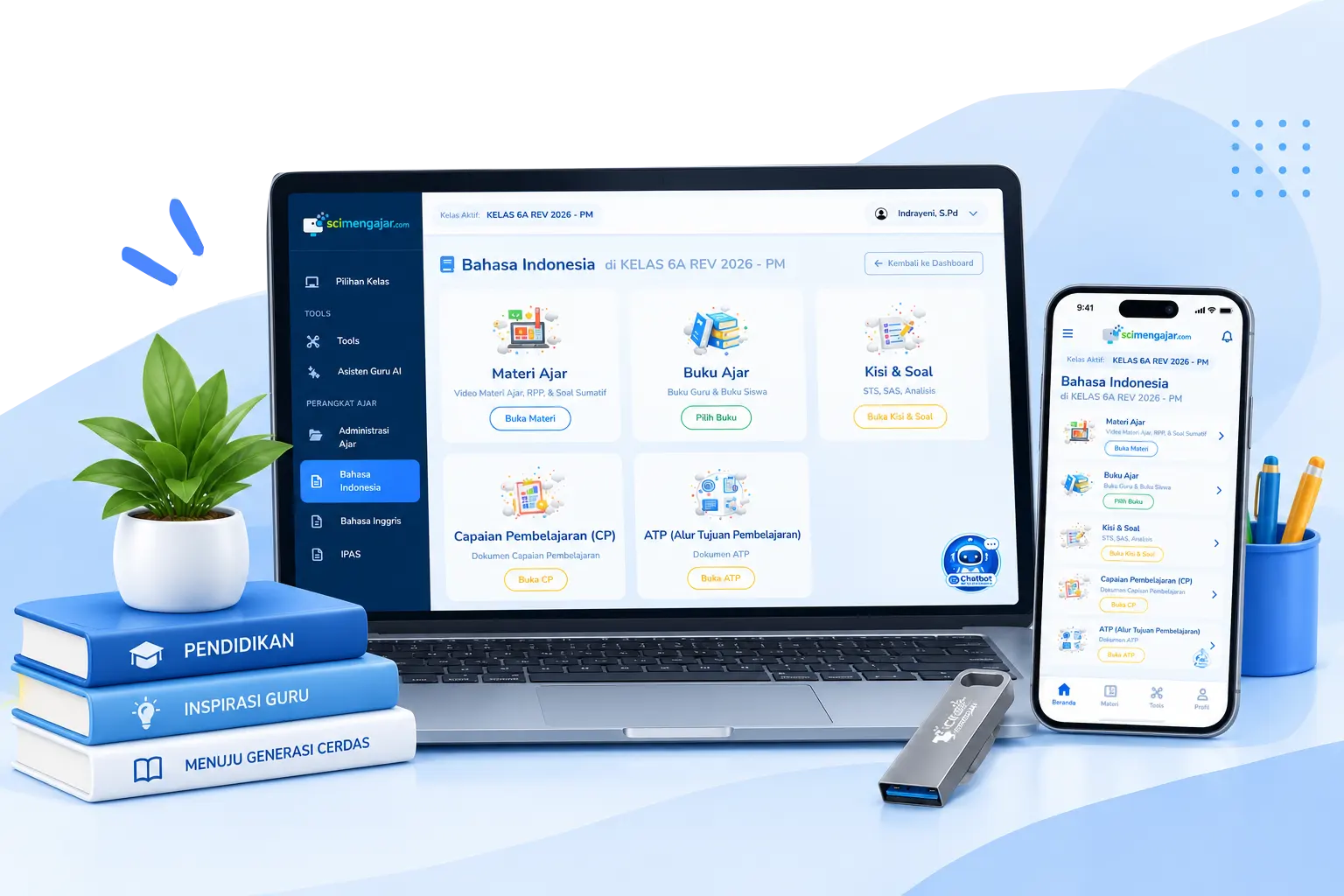 Tampilan dashboard produk Media Ajar dan Administrasi Guru pada laptop dan smartphone